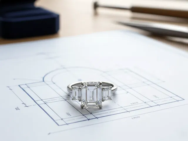 Image of an Emerald Cut Diamond Solitaire on Architectural Blueprints